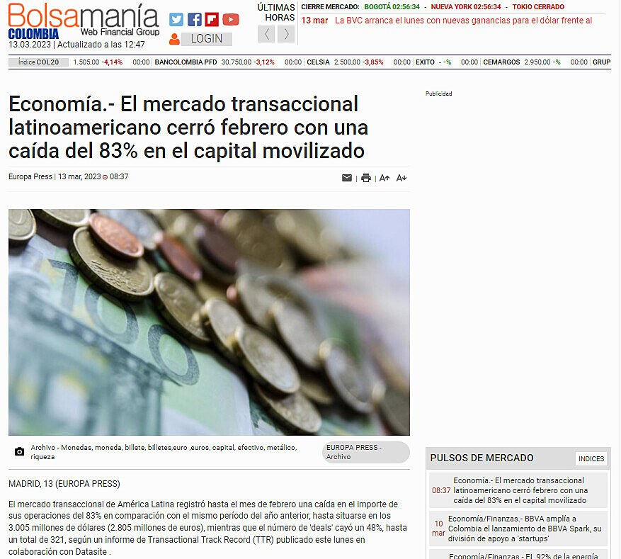 Economa.- El mercado transaccional latinoamericano cerr febrero con una cada del 83% en el capital movilizado